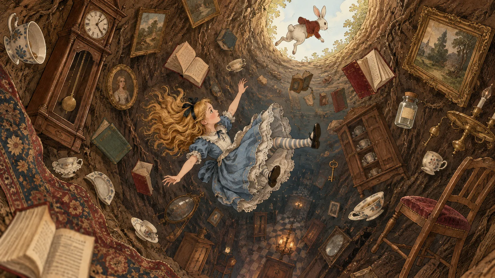 Alicia cayendo por la madriguera en una ilustración de estética victoriana