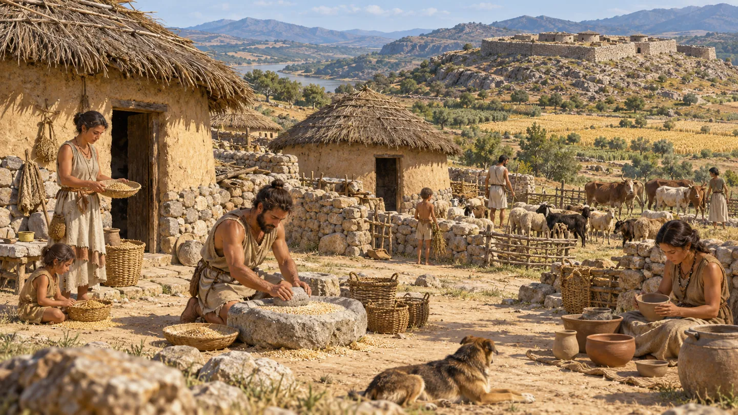 Escena ilustrada de un poblado calcolítico con casas circulares: una persona muele cereal, otra modela cerámica y otras atienden ganado