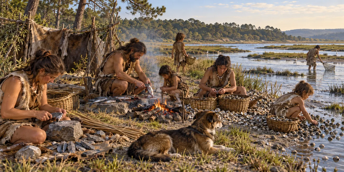 Escena ilustrada en un estuario: personas limpian pescado, procesan moluscos y trabajan piedra junto a un hogar; un perro descansa cerca