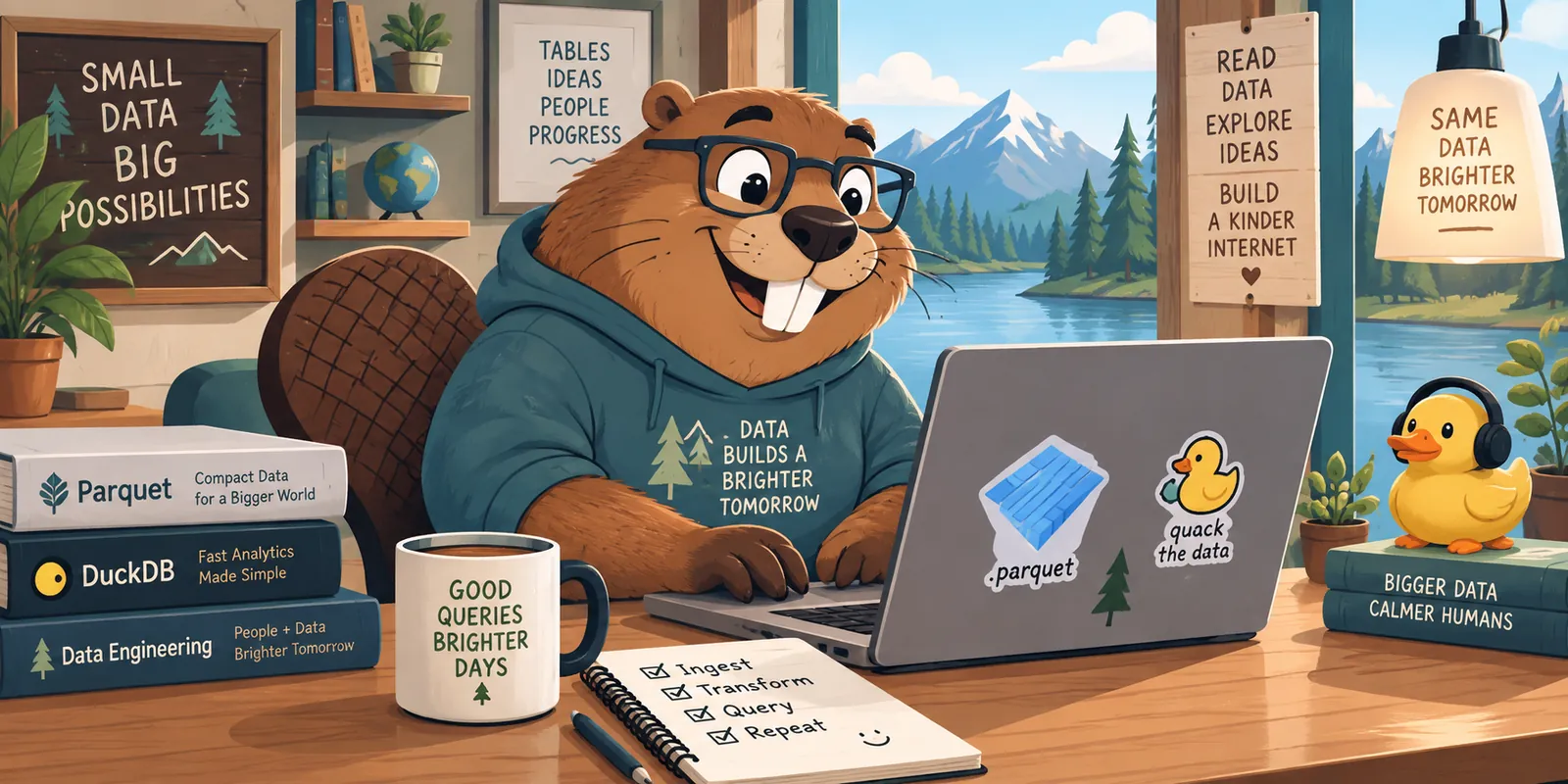 Un castor trabaja con datos Parquet y DuckDB desde DBeaver