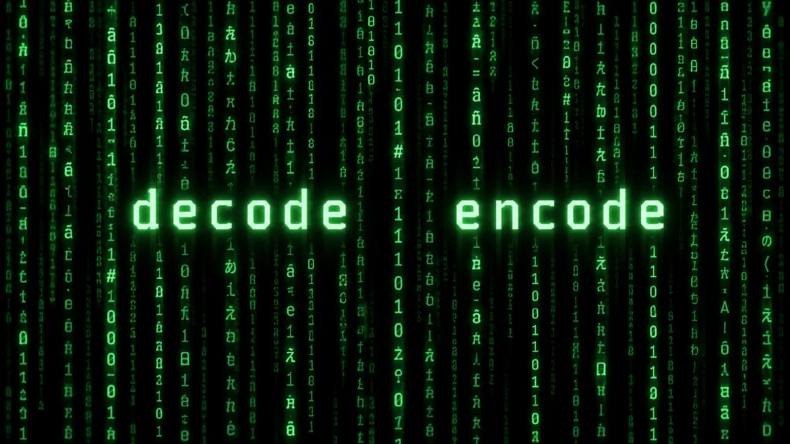 Lluvia de caracteres verdes sobre fondo negro, con las palabras decode y encode resaltadas en el centro