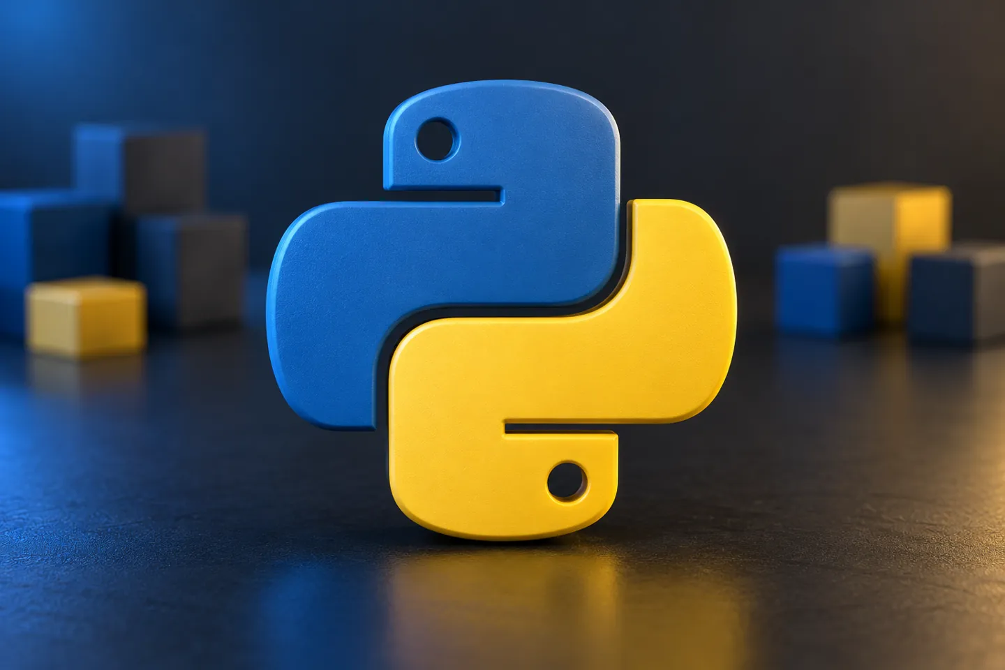 Logo de Python azul y amarillo en relieve sobre una superficie oscura, con bloques desenfocados al fondo