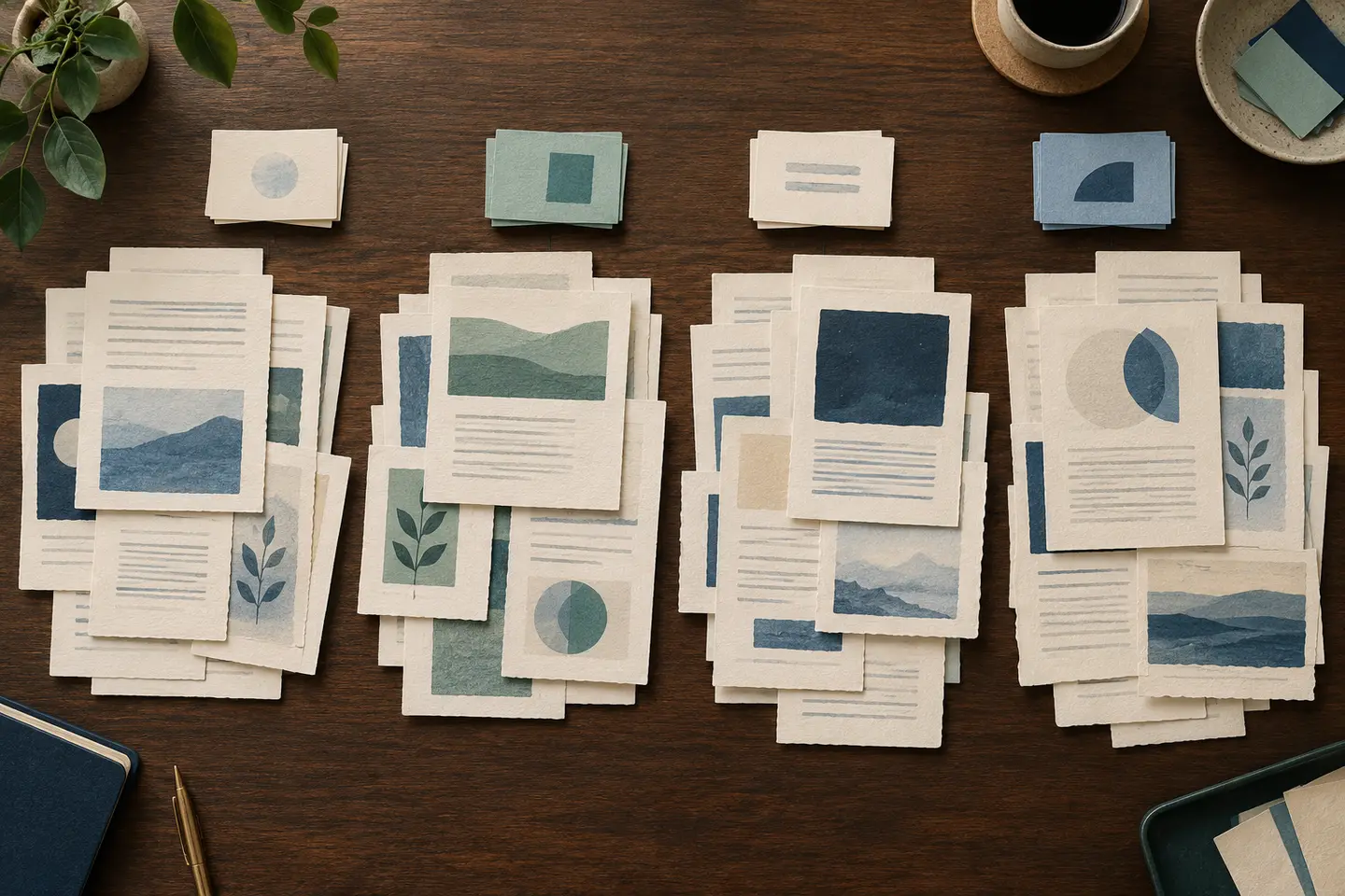 Ilustración conceptual de documentos distribuidos en grupos y tarjetas de síntesis sobre una mesa